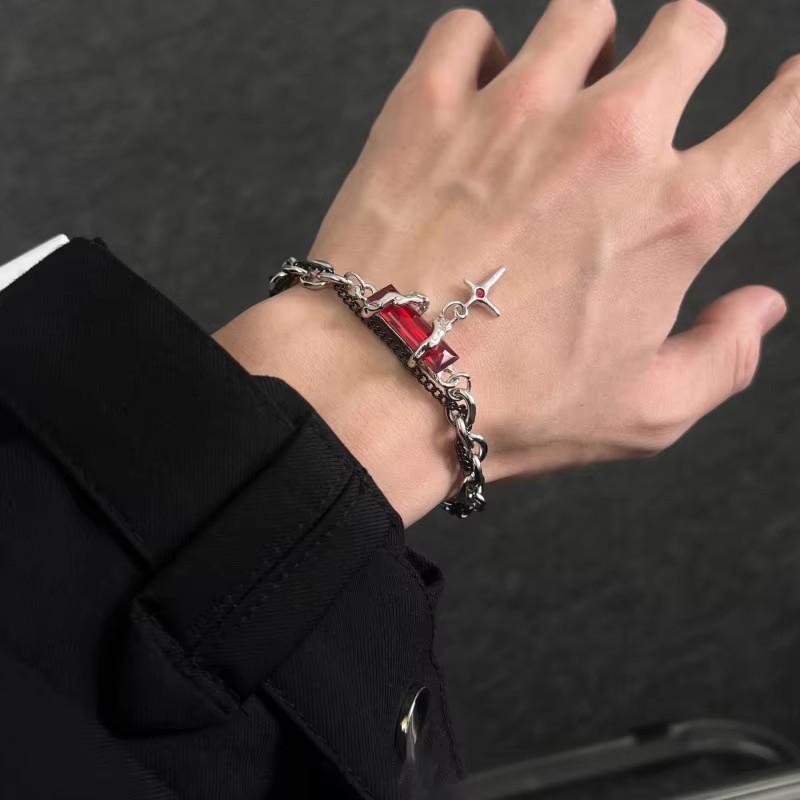 

Fashion Crystal Stone Cross Charm For Women Men Punk Style Star Silver Color Chain Adjustable Red Zircon Bracelet