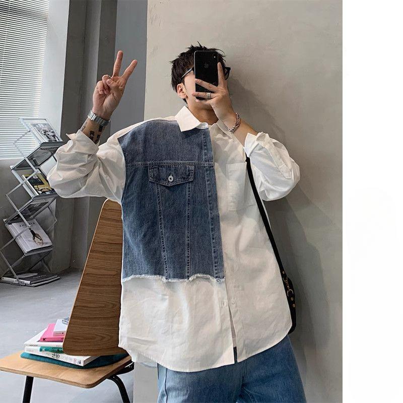 

Рубашка с длинным рукавом в весенне-летнем стиле для мужчин, свободная, с контрастной цветной строчкой, джинсовая рубашка M белый