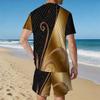 Men Black Gold Swirl Texture Split Print Short Sleeve Tee And Matching Shorts Two Piece Suit