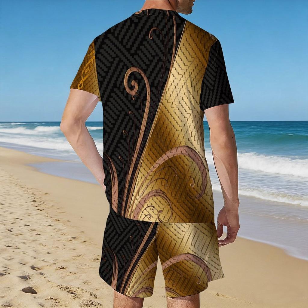 Men Black Gold Swirl Texture Split Print Short Sleeve Tee And Matching Shorts Two Piece Suit