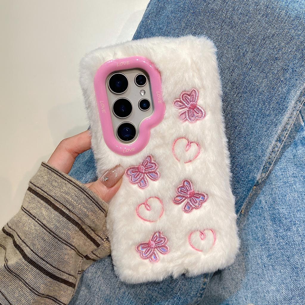 3D Plush Bow Love Fashion Phone Case For Galaxy S25 24 23 22 21 20 10 Ultra Plus S9 A23 06 26 35 36 A53 A54 A55 A56 Note 10 9 8 Case Girl Cute Winter