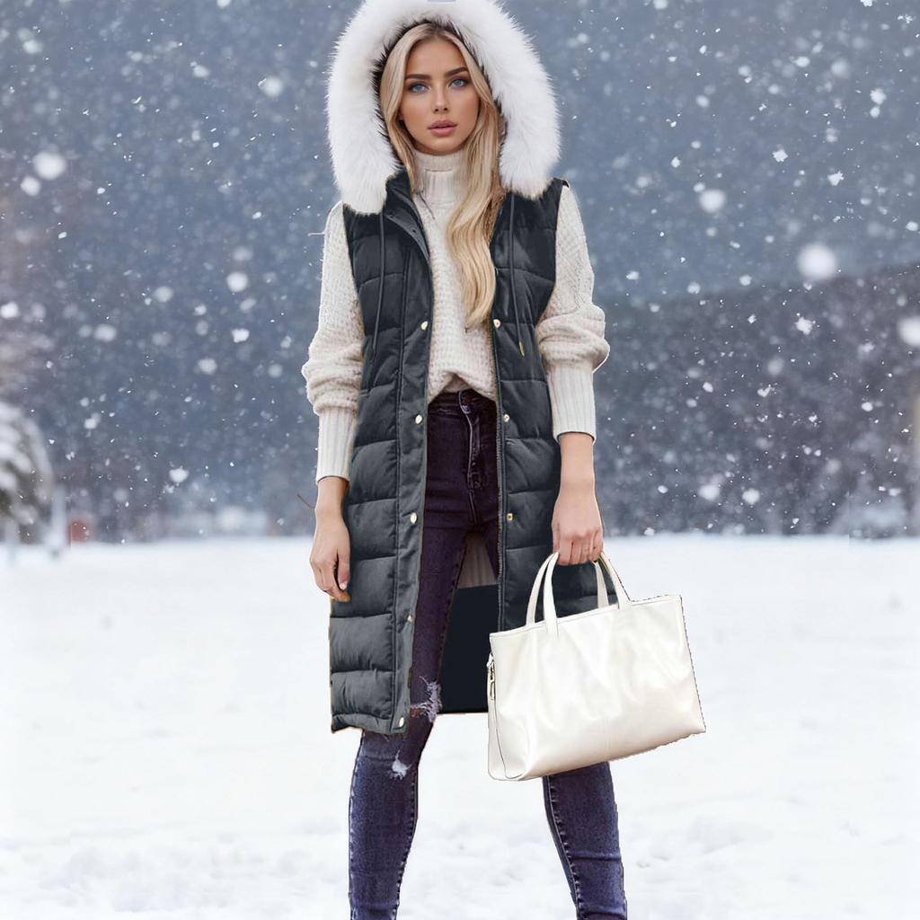 Damska Długa Kurtka Puchowa z Kapturem