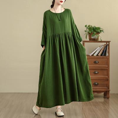 DIMANAF 2025 Women Plus Size Spring Long Dress Loose Basic Printing Vintage Casual Floral Oversize Long Sleeve Maxi