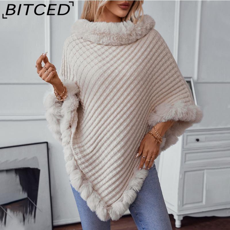 BITCED Solid Colour Wool-Trimmed Pullover for Women Autumn/Winter Thick Vintage Check Knitted Cape Shawl