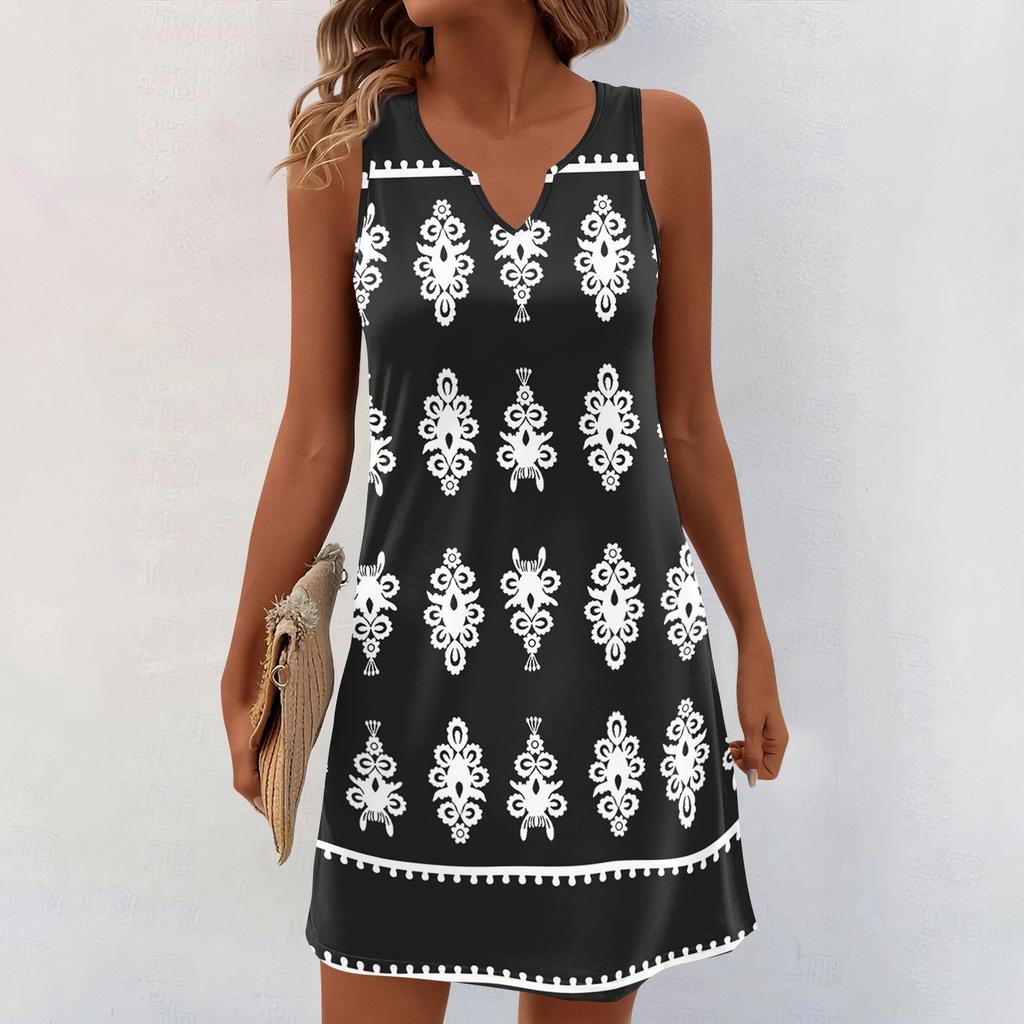 Women Summer Dresses V-Neck Print Sleeveless Sundress Casual Dress