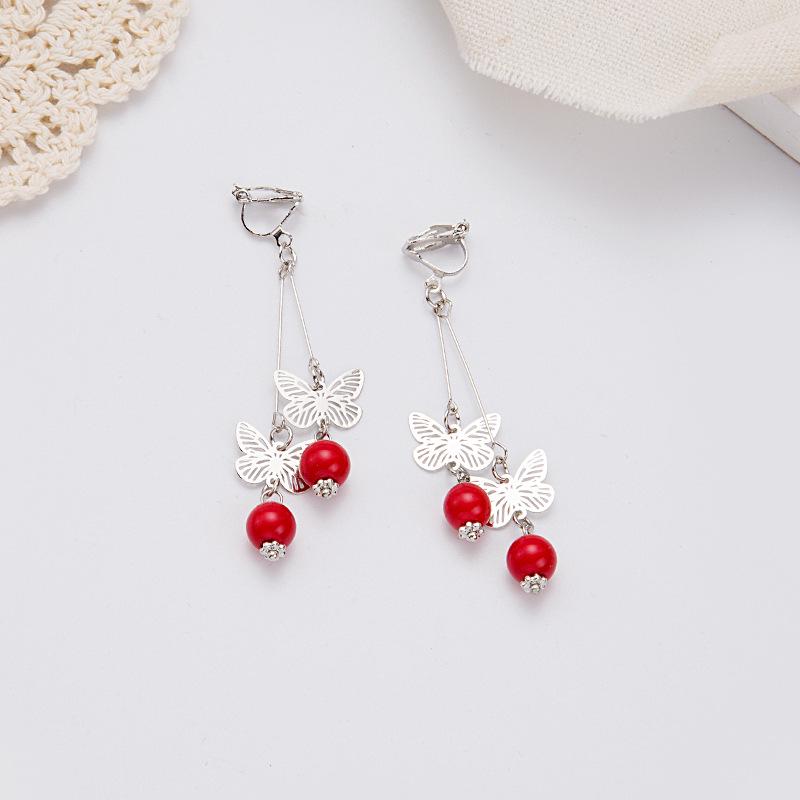 

Korean Goddess Butterfly Tassel Clip-On Earrings with Red Pearls