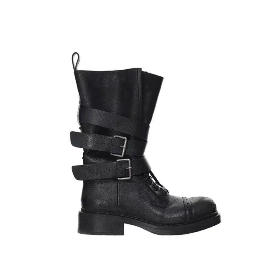 Cowhide version leather retro belt buckle round head medium boots British style fried street knight boots thick-soled thick-heeled locomotive boots