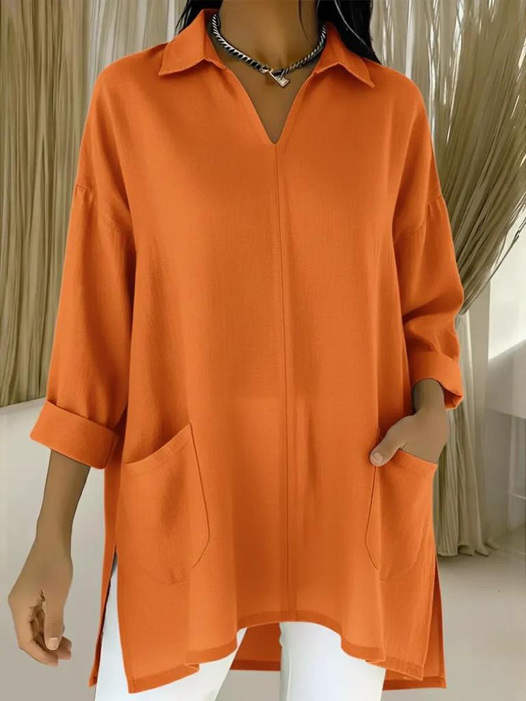 2026 Spring European & American Women's Fashion Solid Color Pocket Shirt Collar Loose Top
