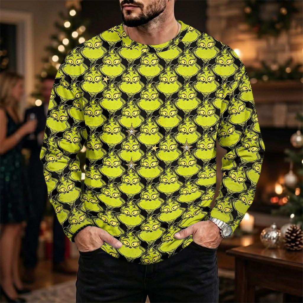 Men's Plus Size Loose Fit Casual Neck Long Sleeve T-Shirt with Christmas Print for Fall and Winter