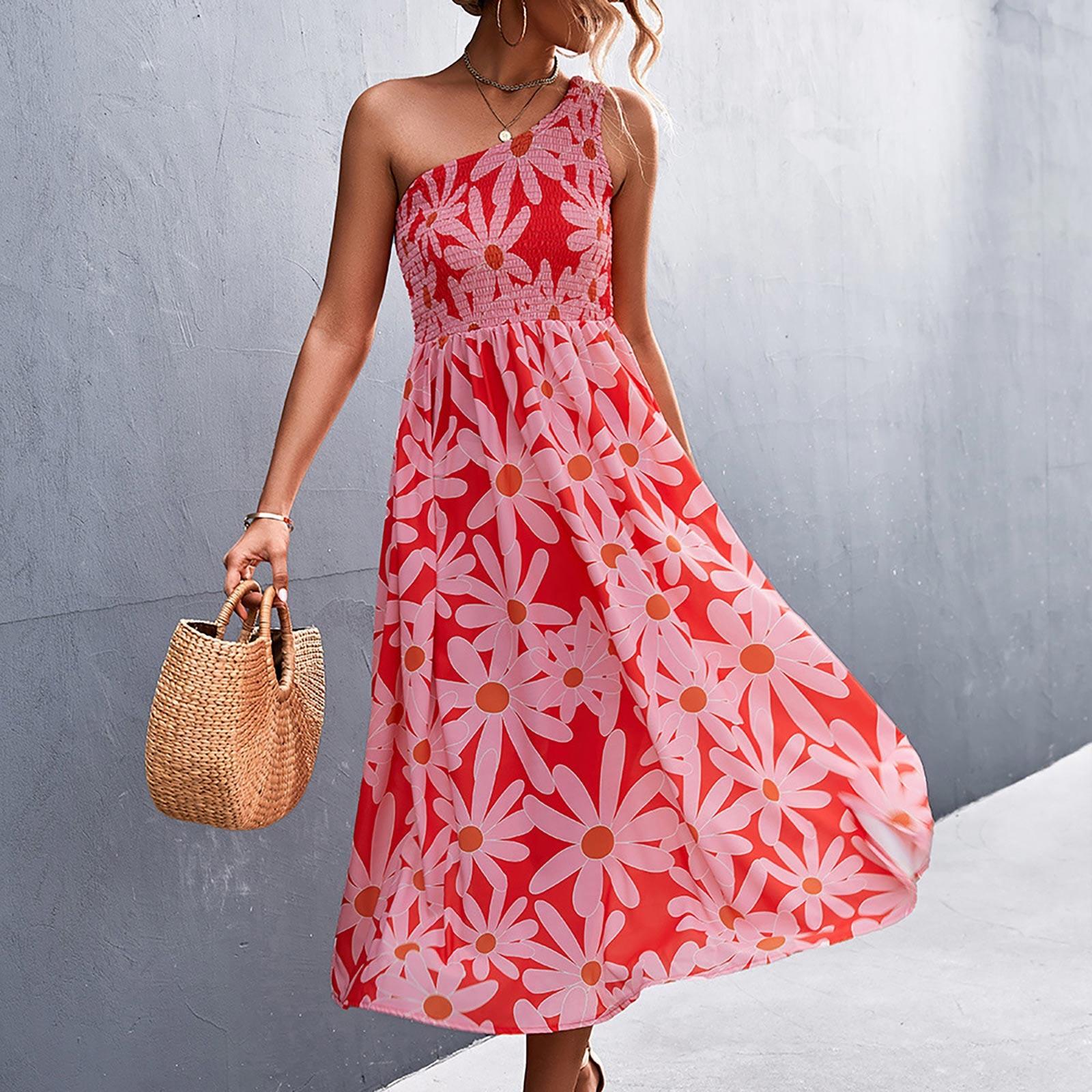 

Women s Summer Slanted Shoulder Sleeve Floral Print Wrap Beach Dress M червоний