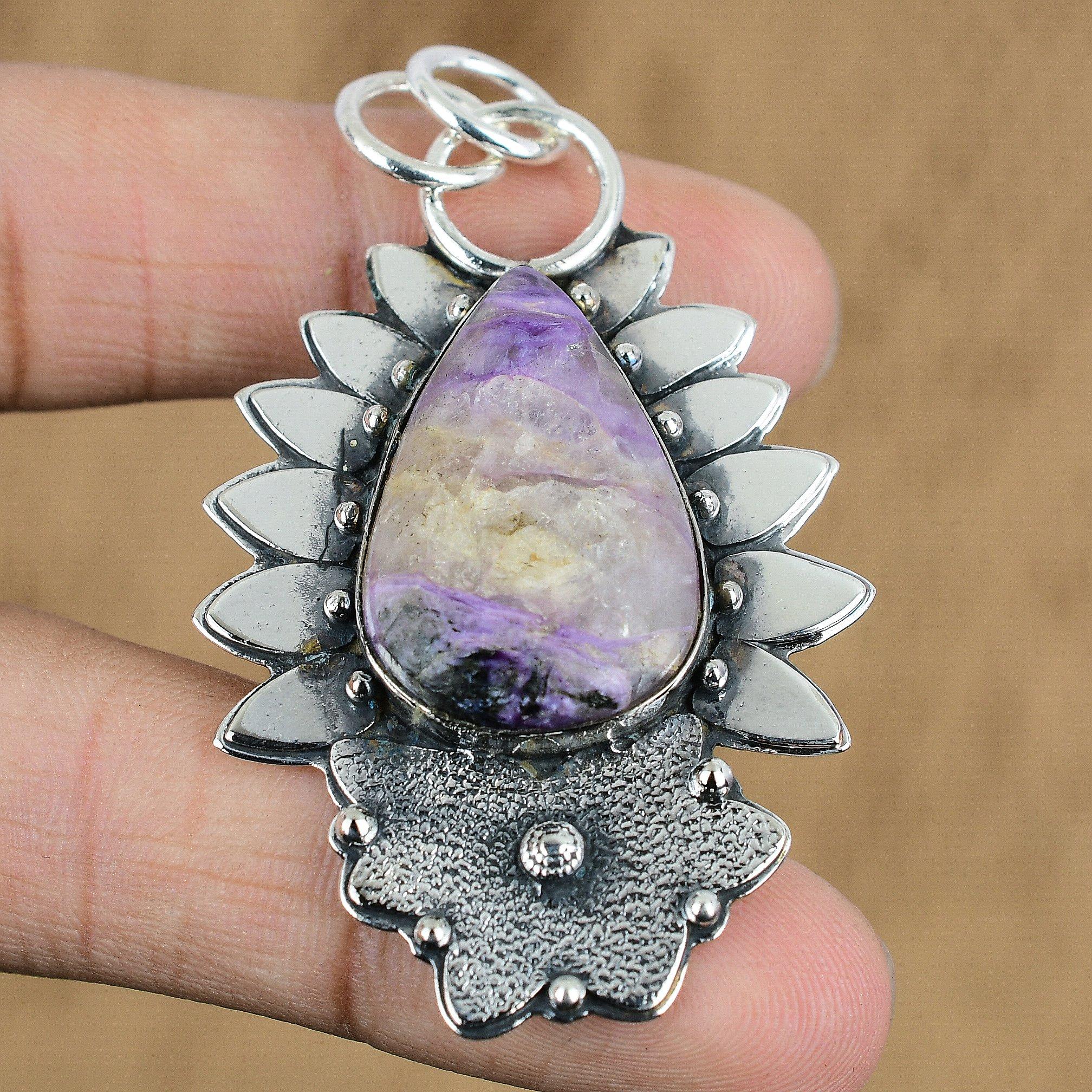 

Natural Russian Charoite Gemstone Pendant Purple 925 Sterling Silver Jewelry