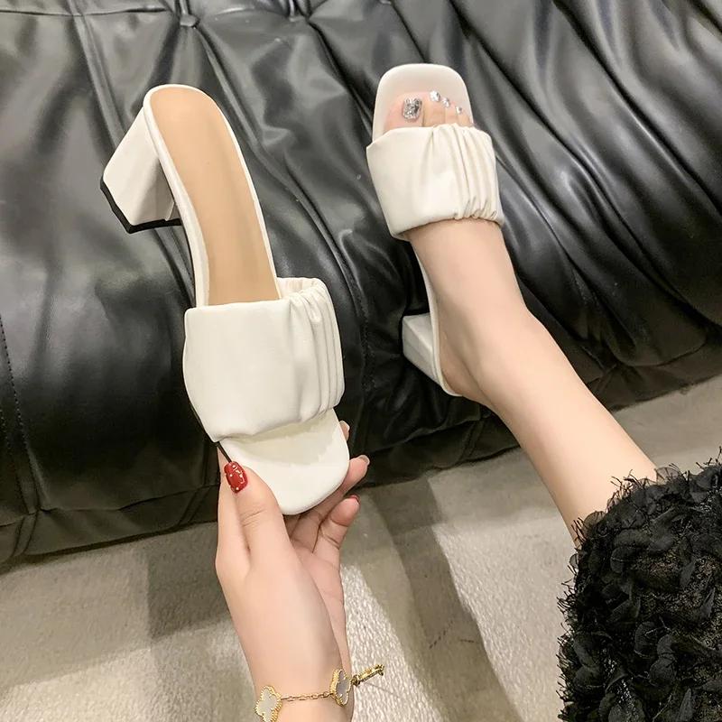 Slippers Women 2025 Elegant Woman Heeled Shoes Open Toe Fashion New Ladies Dress Square Toe High Heels Plus Size Modern Sandals