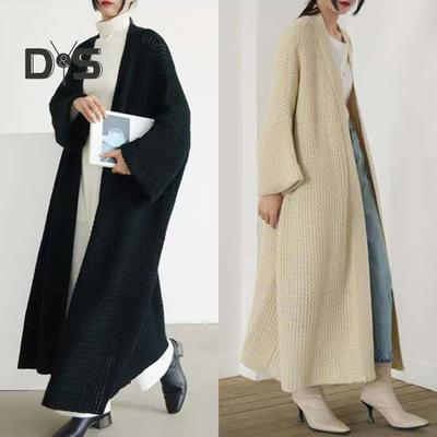 Frühling Herbst Frauen Lose Fit Lange Pullover Mantel Lange Ärmel Einfarbig Knöchel Länge Vorne Offen Stricken Strickjacke Outwear