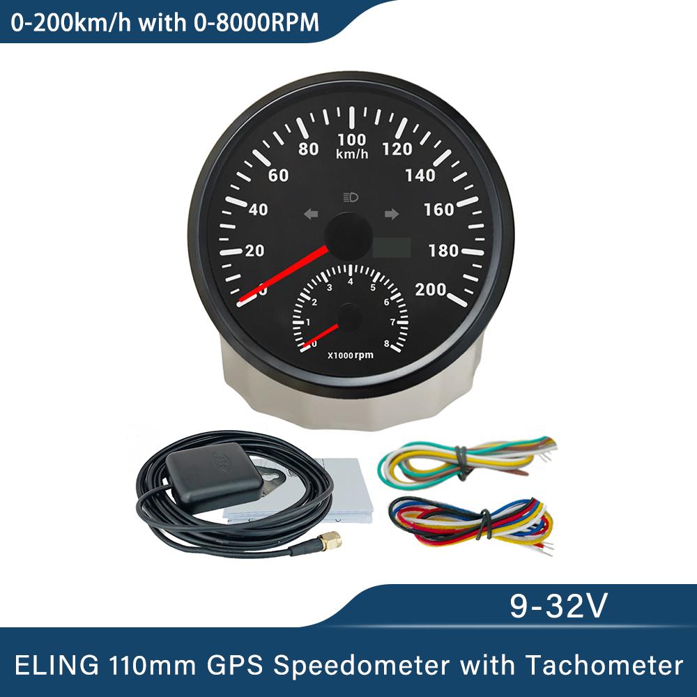 ELING Car 110mm GPS Speedometer 0-120K 0-200K 0-120M 0-160M with 8000RPM Tachometer with Red Backlight for Yacht Trucks 12V 24V