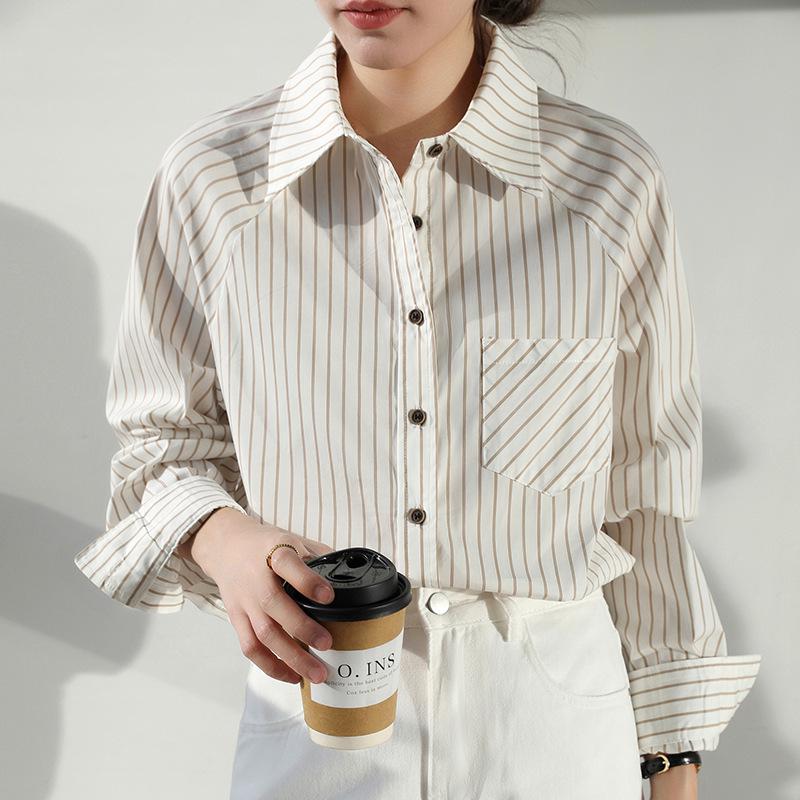 2026 Spring/Summer Women s White Vertical Stripe Long Sleeve Sun Protection Shirt Large бежевый