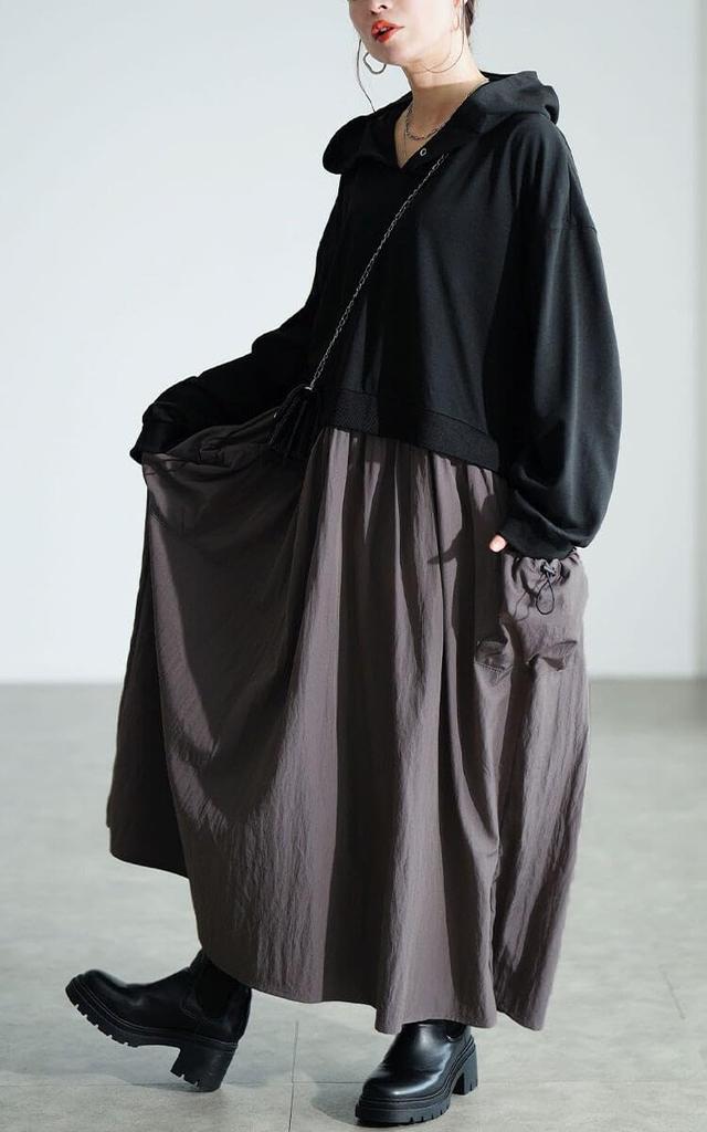 Gold Japan Übergröße Langarm Hoodie mit und Größen Damenkleid, Kordelzug, Taschen, Ausgestellter Saum, Herbst/Frühling, LL-3L, Anthrazit, nw-25046