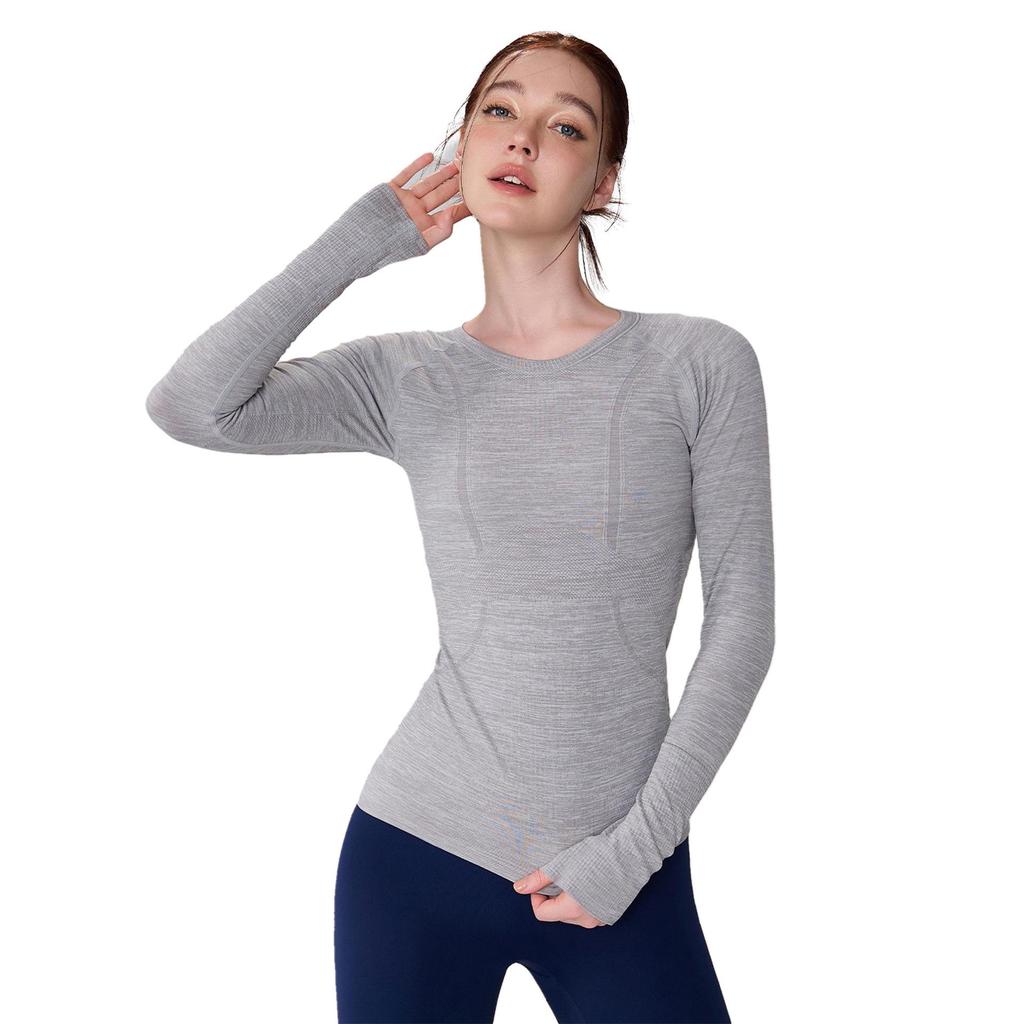 Women's Seamless Waist-Cinched Round Neck Long Sleeve Yoga Top: Breathable, High Elasticity, Shaping, Fitness Base Layer.