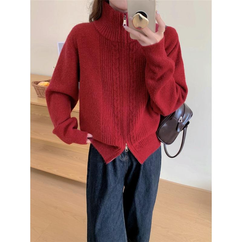 Autumn and winter new simple stand-up collar twist double zipper knitted cardigan women's loose lazy sweater jacket