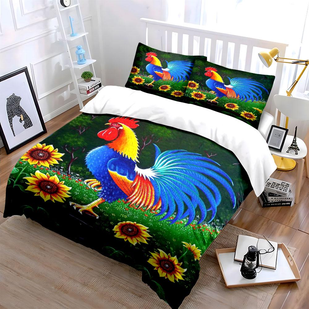 Colorful Rooster Floral Wall Art Multiple Sizes Kid'S And Adults' Bedroom Exquisite 3Pc Bedding Set, Gift
