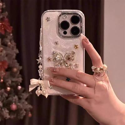 Internet Celebrity Rhinestone Butterfly for Apple 17Promax Mobile Phone Case Iphone15Plus Chain 15 Light Luxury