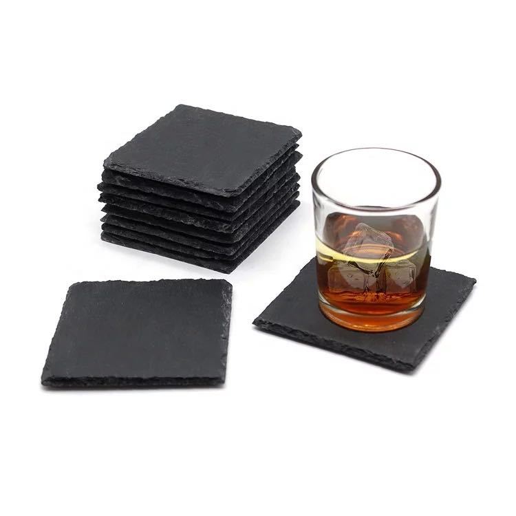 Pack of 8 Slate Coasters with Metal Holder,4 Inch Black Slate Stone Coasters,engraving with Anti-scratch for Drinks,coffee, Bar