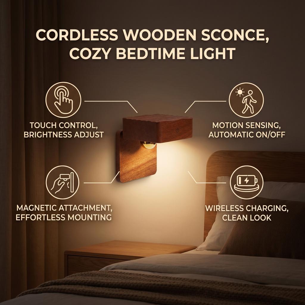 Magnetic Wall Light Motion Sensing Touch Control Cordless Wood Wall Sconce for Bedside Bedroom