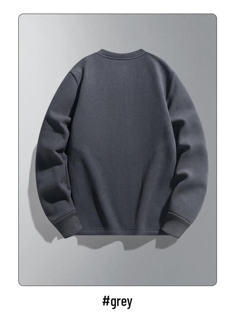 Men's Lambswool Round Neck Hoodie, Velvet-Lined, Thick, Long Sleeve, Warm Winter Top, No Hood