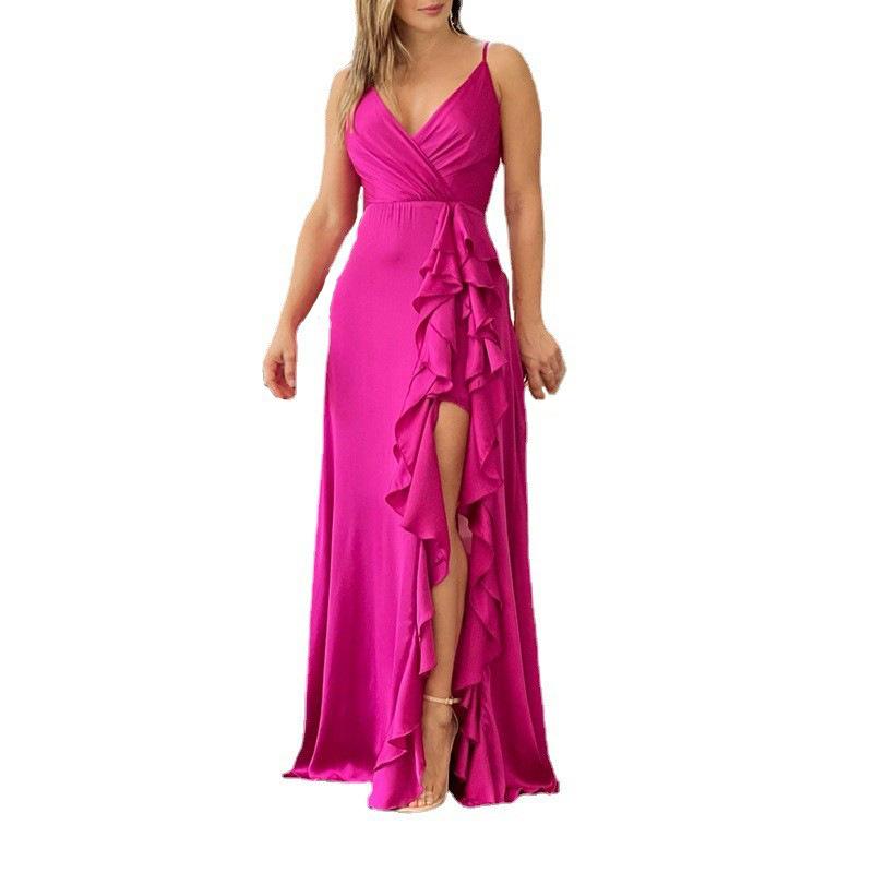 2026 Spring and Summer V-neck New Slim-fit Evening Dress Suspender Long Dress European and American Style Sexy Ruffle Edge Split Dress