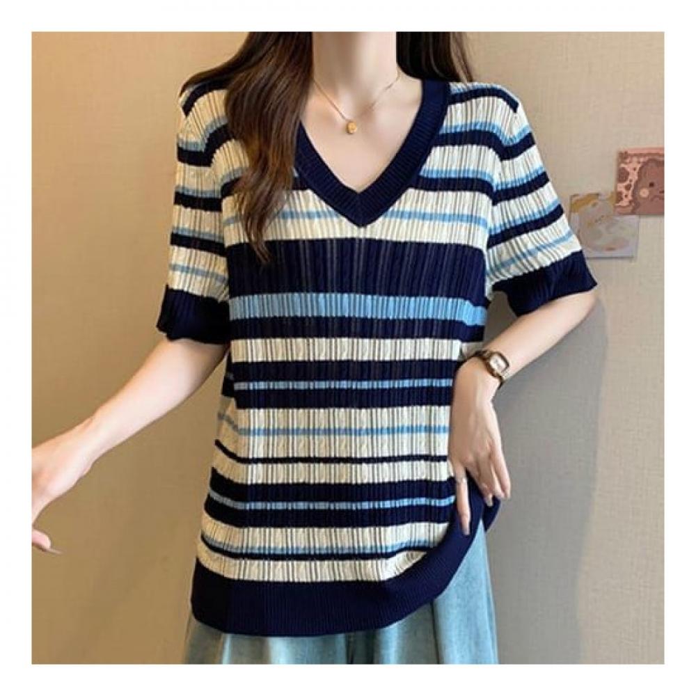 NaVaVa V Neck Short sleeVe Knit Striped Color Blocking Nk2133