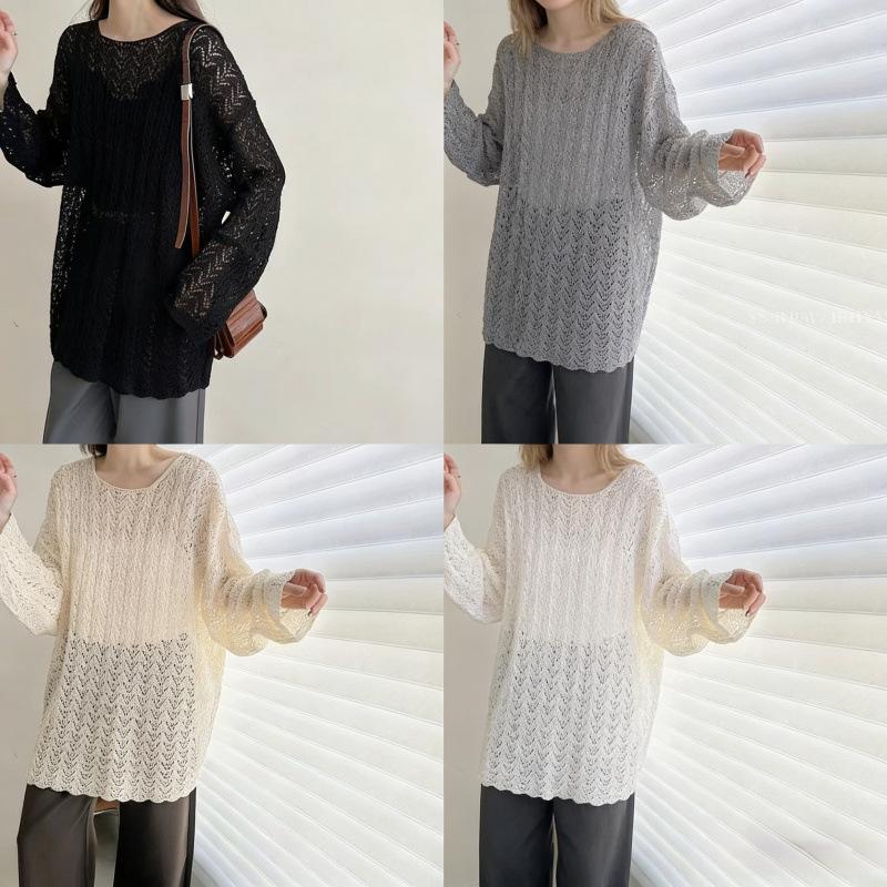 Women's Hollow Out Long-Sleeve Knit Cardigan - Lazy Style, Slimming Mid-Length Outerwear, Age-Reducing Sun Protection