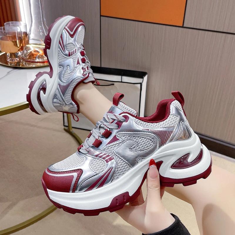 Fashion 2025Women Luxury Chunky Mesh Breathable Increased Internal Trainers Sports Running Casual Platform Vulcanize Shoes