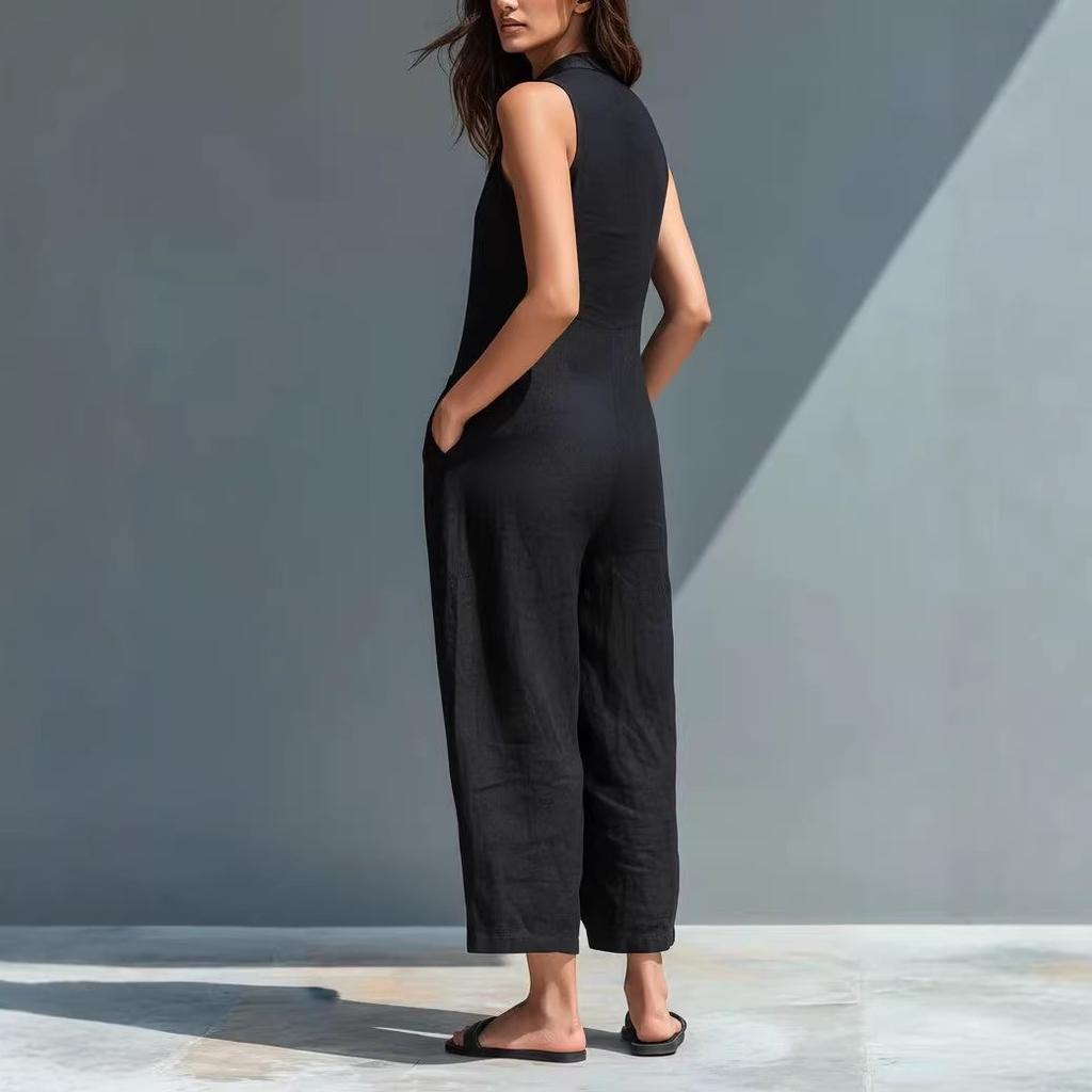 Women's Sleeveless Jumpsuit Stand Collar Mid Rise Elegant Commuter Romper Solid Color Casual Loose Nine Points Pant With Pockets