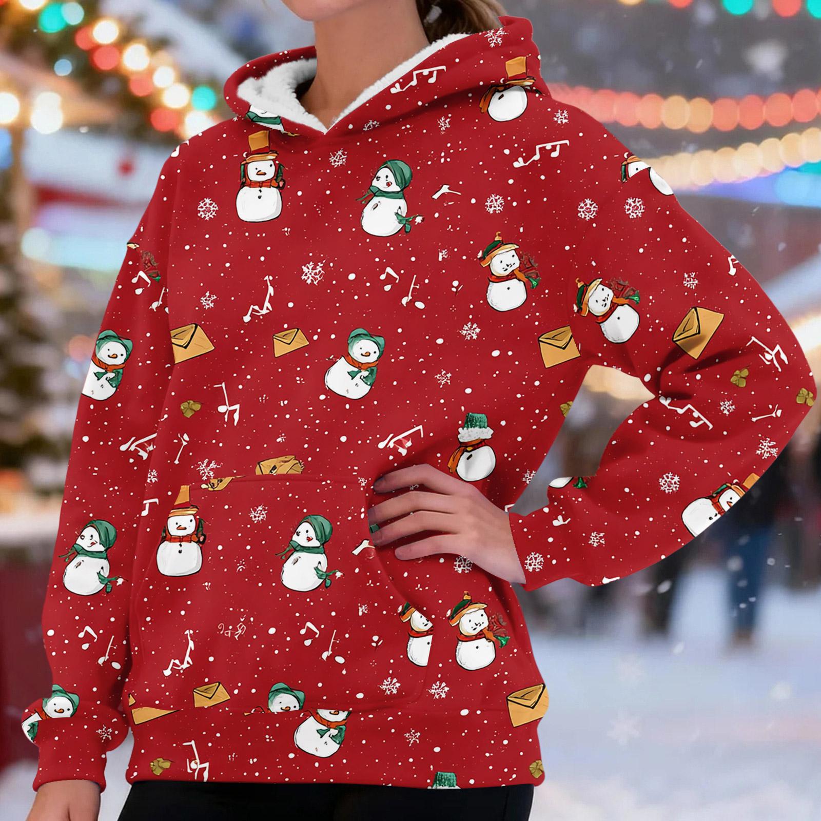 

Женская модная повседневная толстовка с длинными рукавами, рождественским принтом, на флисовой подкладке, теплая, с капюшоном XL красный