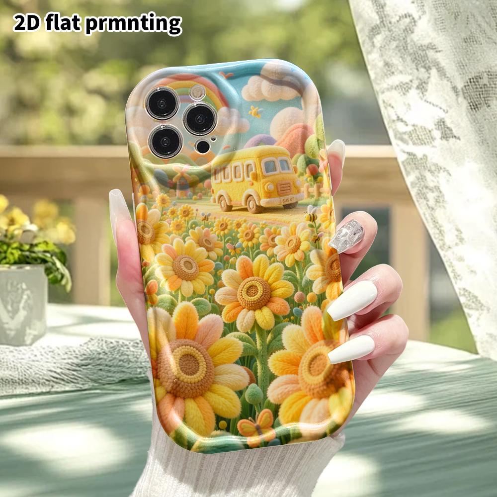 Phone Case: 2D flat design suitable for iPhone 18 17 16 15 14 13 Pro protective case, sunflower school bus, perfect holiday gift for Christmas and Hal