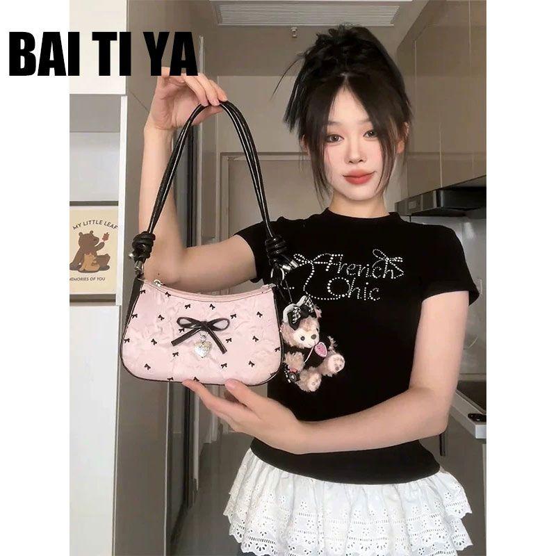 

Bai Ti Ya Original Women Bag Seersucker Bows Underarm Black Powder Easiest for Match Design One-Shoulder Crossboby Bag Pink