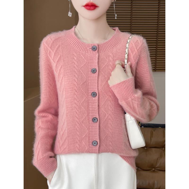 New Round Neck Thickened Pure Wool Knitted Cardigan Sweater for Women Warm Skin-friendly Cashmere Twist Jacket