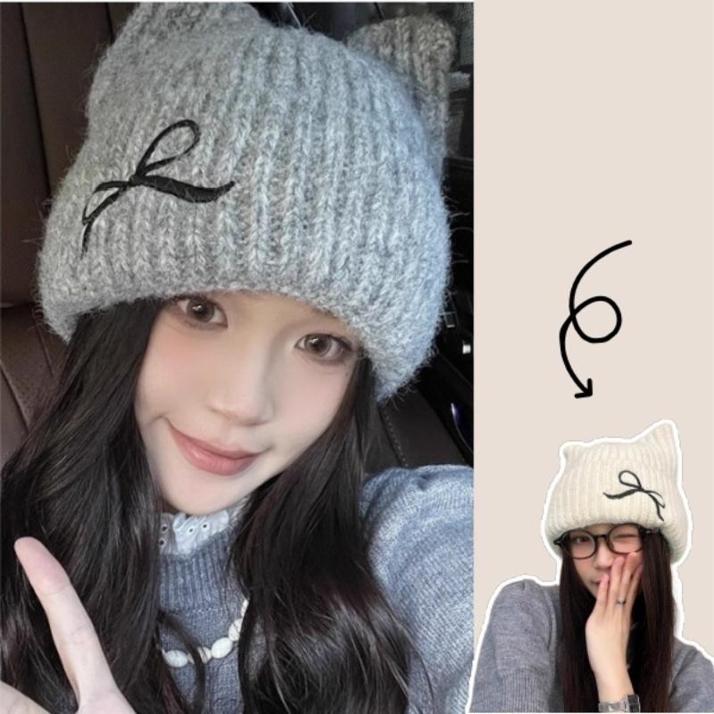Lindo Gorro de Punto con Orejas de Gato para Otoño e Invierno para Mujer, Dulce Lazo Bordado, Gorro de Lana a Prueba de Viento y Frío con Protección para las Orejas