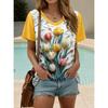 Women'S Plus Size V-Neck T-Shirt, Cartoon Cat Print, Medium Stretch,Regular Length - European and American Fashion New Arrivals