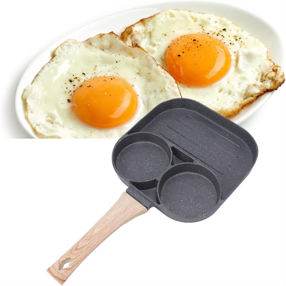 Egg Frying Pan Non-Stick Egg Pan with 2Hole Multi Aluminum Alloy Fried Egg Pan with Wooden Handle for Burger Eggs Ham