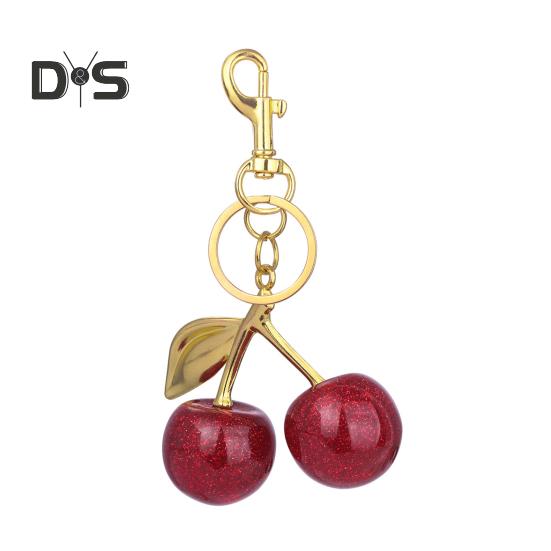 

Брелок для ключей с подвеской на сумку с золотистыми мерцающими вишнями из смолы, гипоаллергенная стальная подвеска для ключей, аксессуар для сумки и кошелька A