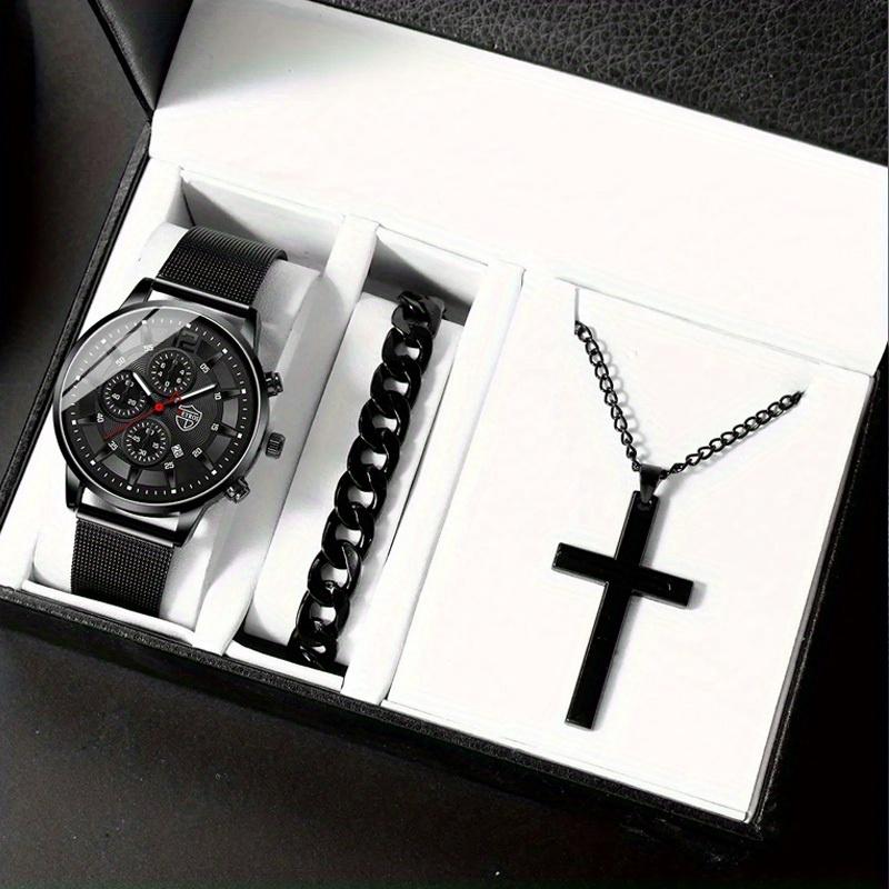 

DEYROS 4PCS набор модных деловых светящихся кварцевых часов с датой из нержавеющей стали и нержавеющей стали и креста подвеска, мужские подарки