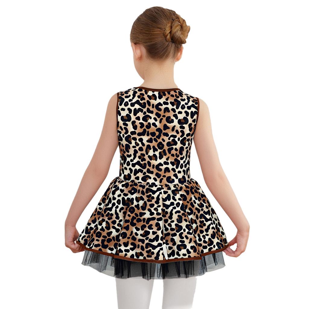 Girls Prehistoric Cave Costume Leopard Print V Neck Sleeveless Mesh Puffy Dress with Built In Briefs