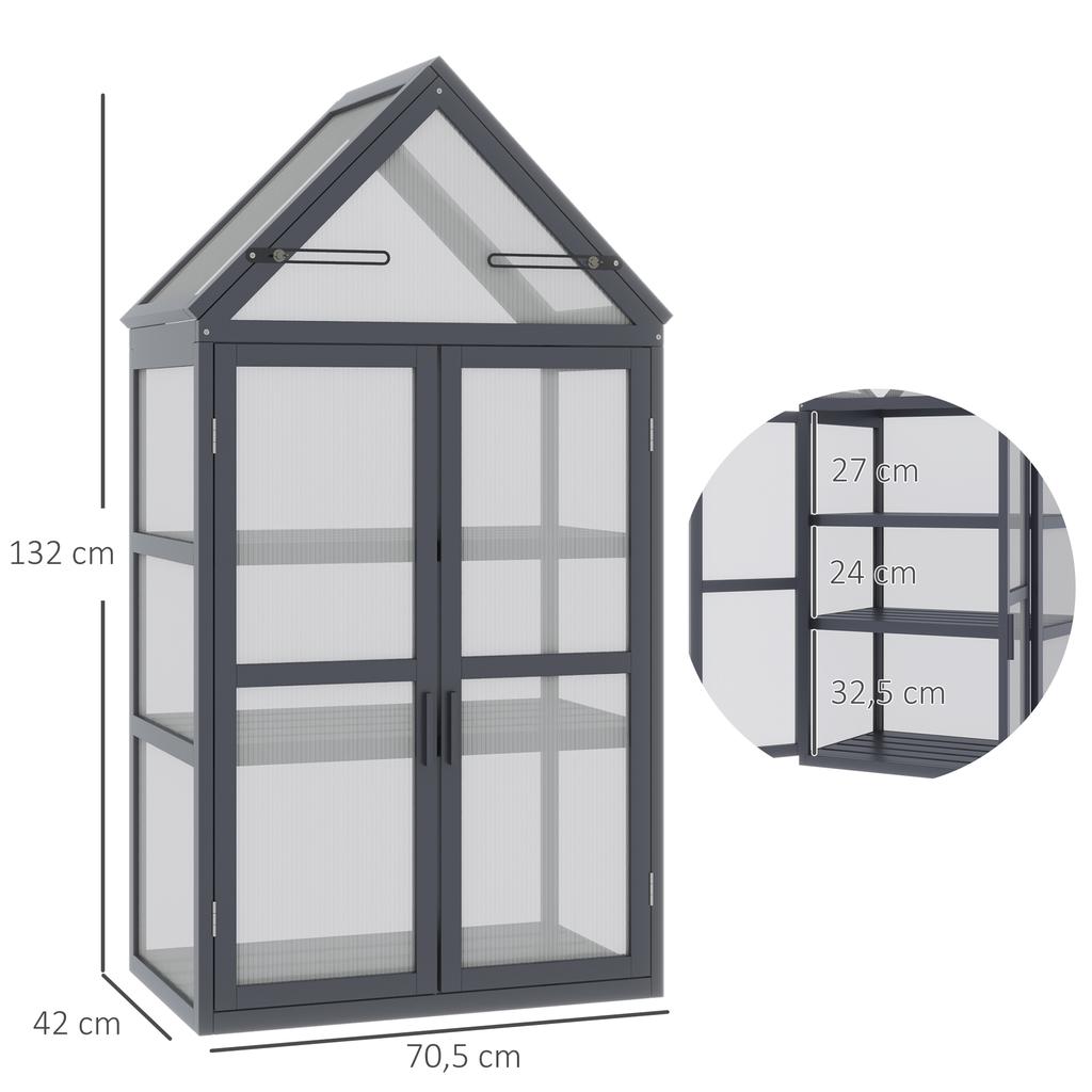 Cold Frame Mini Greenhouse 3 Tiers Hothouse Plant Bed with Fold-Open Roof Double Doors Made of Wood Polycarbonate Weatherproof Natural 70.5 X 42 X