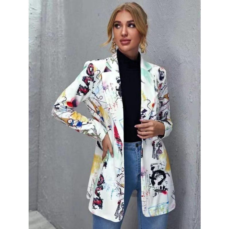 Vår og høst Street Fashion Liten dress Ny dame Medium-lang jakke Trykk Bokstav Fargeblokk Langermet jakke