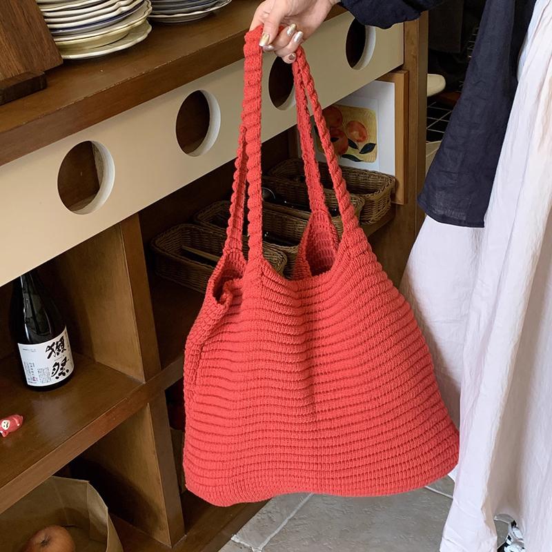 Large-capacity Brown Knitted Women's Shoulder Bag Vintage Handbag Vacation Crocheted Beach Bag Simple Shopping Bag