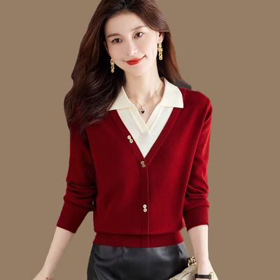 Lapel Fake Two-piece Sweater for Women 2024 Autumn New Style Loose Slim Sweater Spring and Autumn Top
