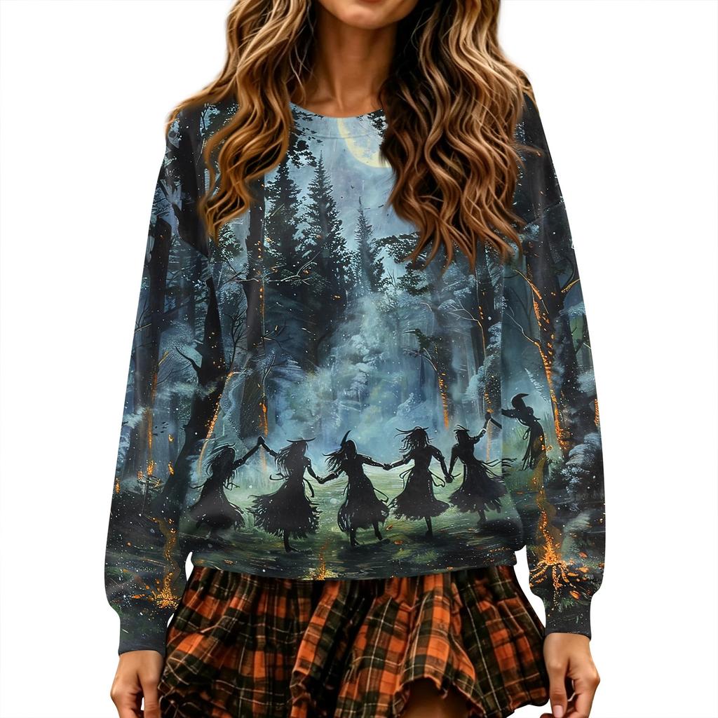Women's Halloween Print Neck Pullover Sweatshirt, Long Sleeve Casual Fashion Top