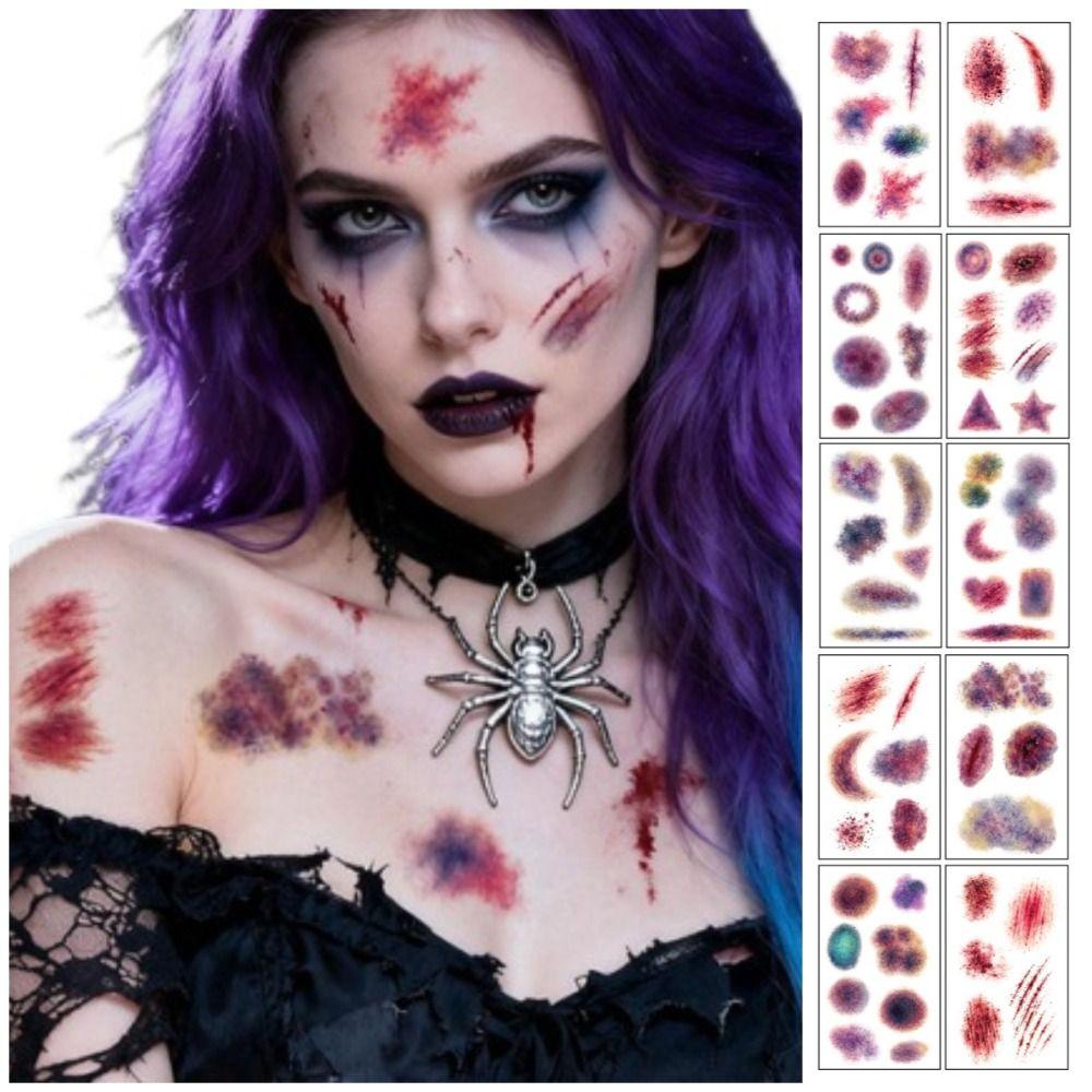 10 Sheets Waterproof Halloween Tattoo Sticker Scary Bloodiness Temporary Bruise Stickers Women Men