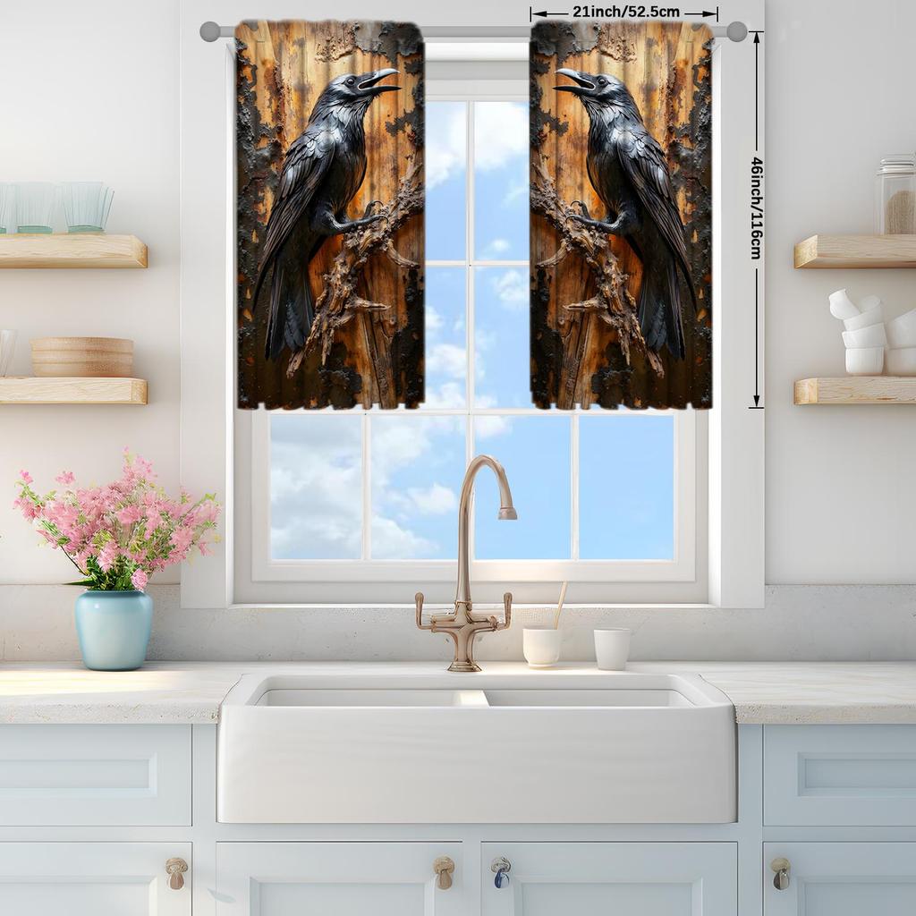 2 Panels Crow Art Creative Resin Crafts Pattern Window Curtains   Half Blackout Suitable for Artistic Home Decorative Curtains
