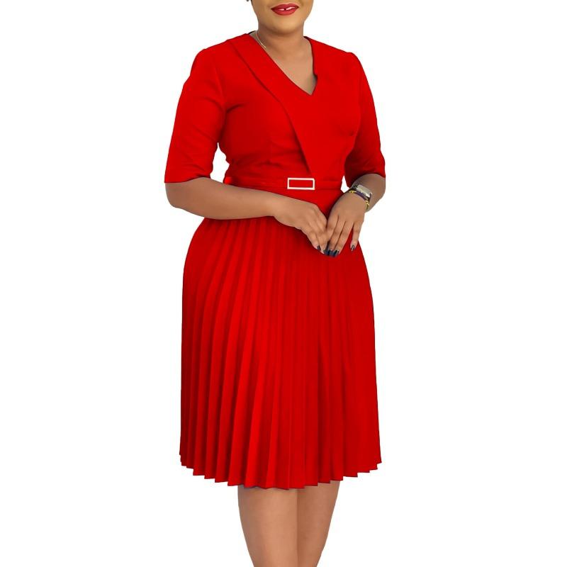 Women's summer new fashion temperament V-neck solid color large size pleated dress